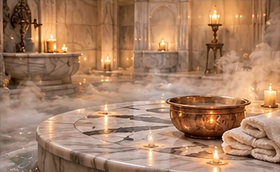 Candle-lit marble hammam with a copper bowl and folded towels