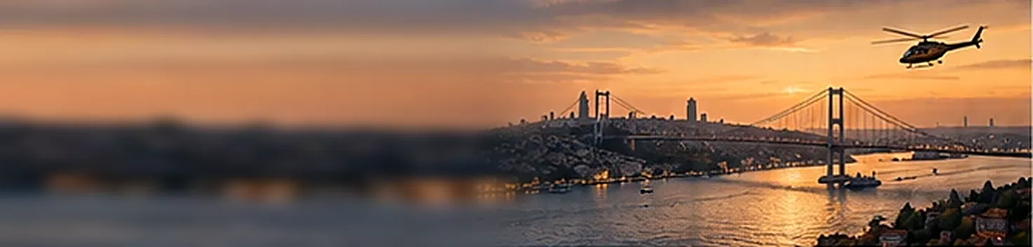 Helicopter over the Bosphorus bridge at sunset
